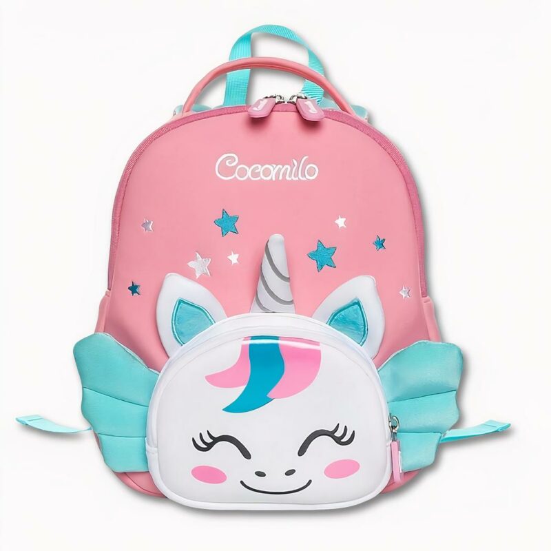 Mochila unicornio con estrellas rosas y verdes, de buena calidad y muy suave.