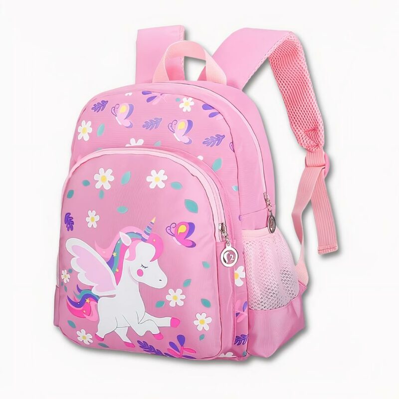 Mochila unicornio con flores rosas y motivo unicornio. Buena calidad y muy de moda.