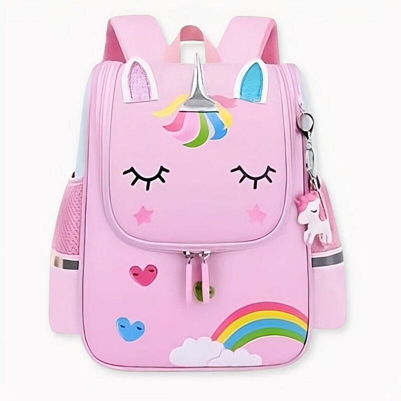 Sac_à_dos_licorne_rose_pour_fille_2 Mochila unicornio rosa para niña con diseño frontal y bolsillos laterales