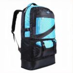 Mochila de esquí de 60L en nailon negro y azul con fondo blanco
