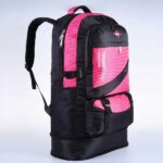 Mochila de esquí de 60L en nylon rosa y negro con fondo azul