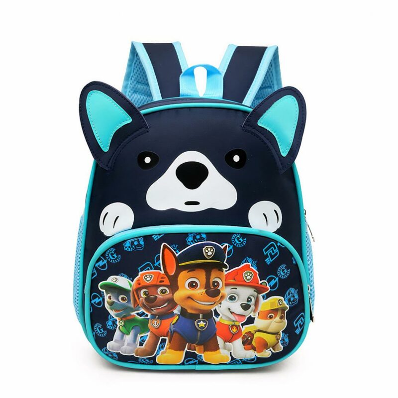 Mochila azul con diseño de perro de patrulla y fondo blanco