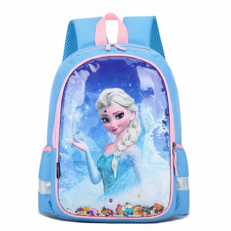 Mochila escolar con estampado de Elsa para niñas, azul con fondo blanco