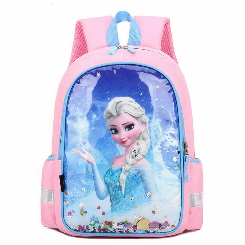 Mochila escolar con estampado de Elsa para niñas en rosa y azul con fondo blanco