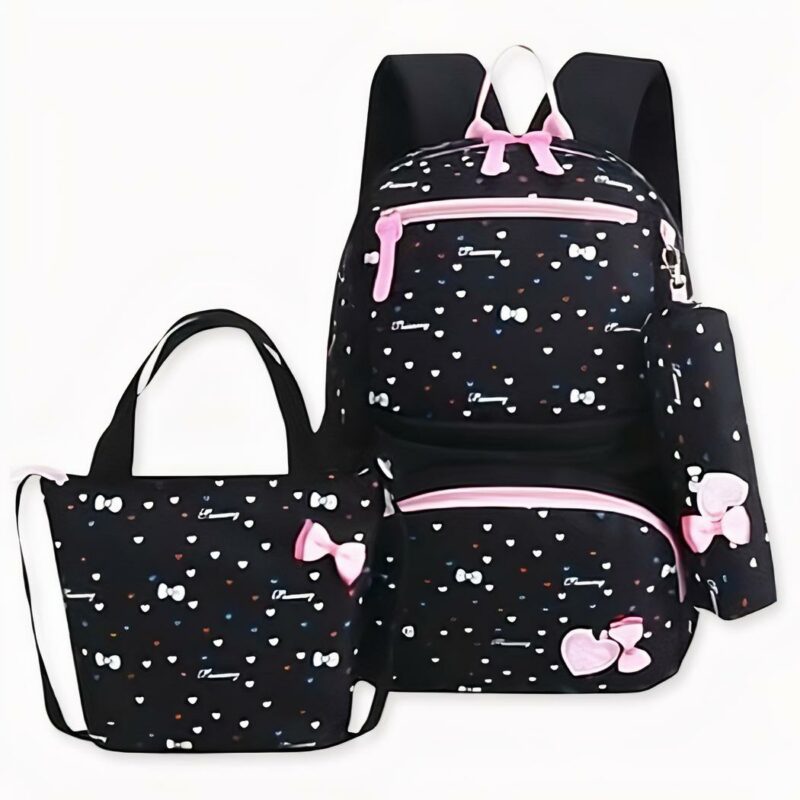 Paquete de 3 bolsos con lazo y motivo de corazón con cierre rosa. Buena calidad y muy a la moda.
