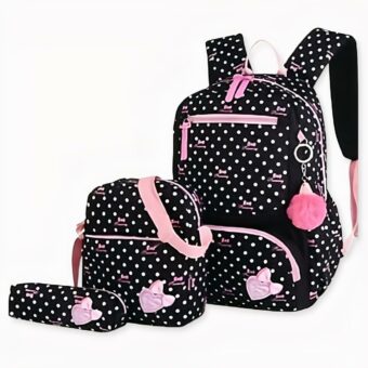 Conjunto de 02 bolsos y un estuche con motivo de lunares y colgante de pompón negro con pequeños lunares blancos. Buena calidad y muy a la moda.