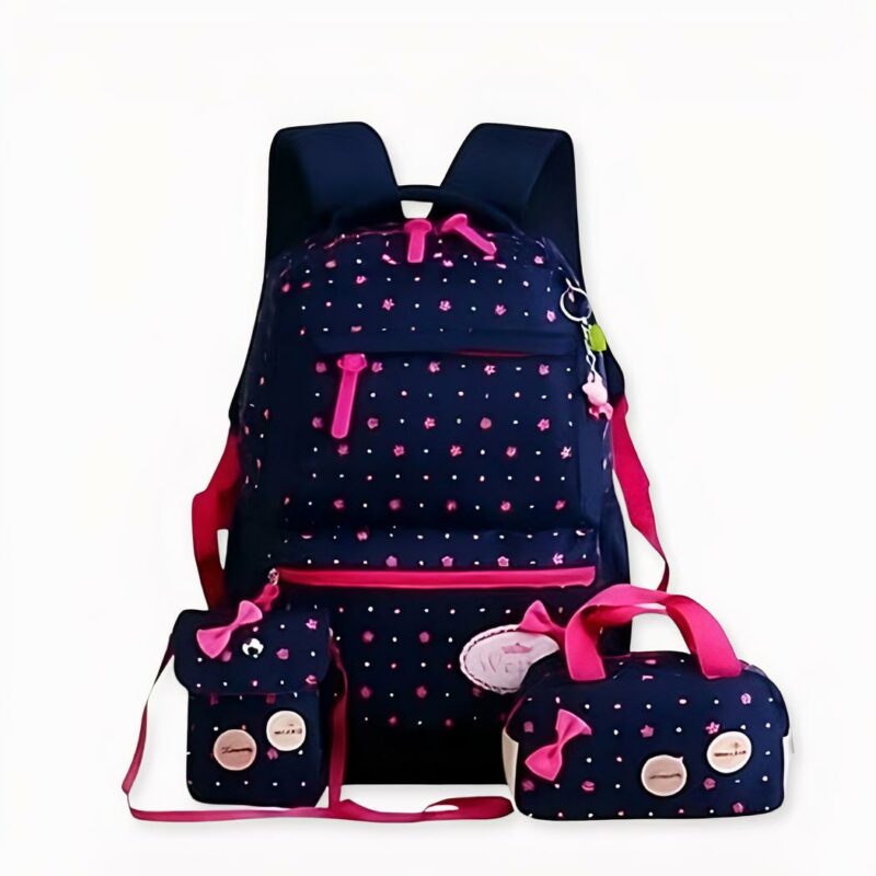 Lote de 03 bolsas con motivo de lazo y cierre de color azul con puntos y cordones rosas. Buena calidad y muy prácticas.
