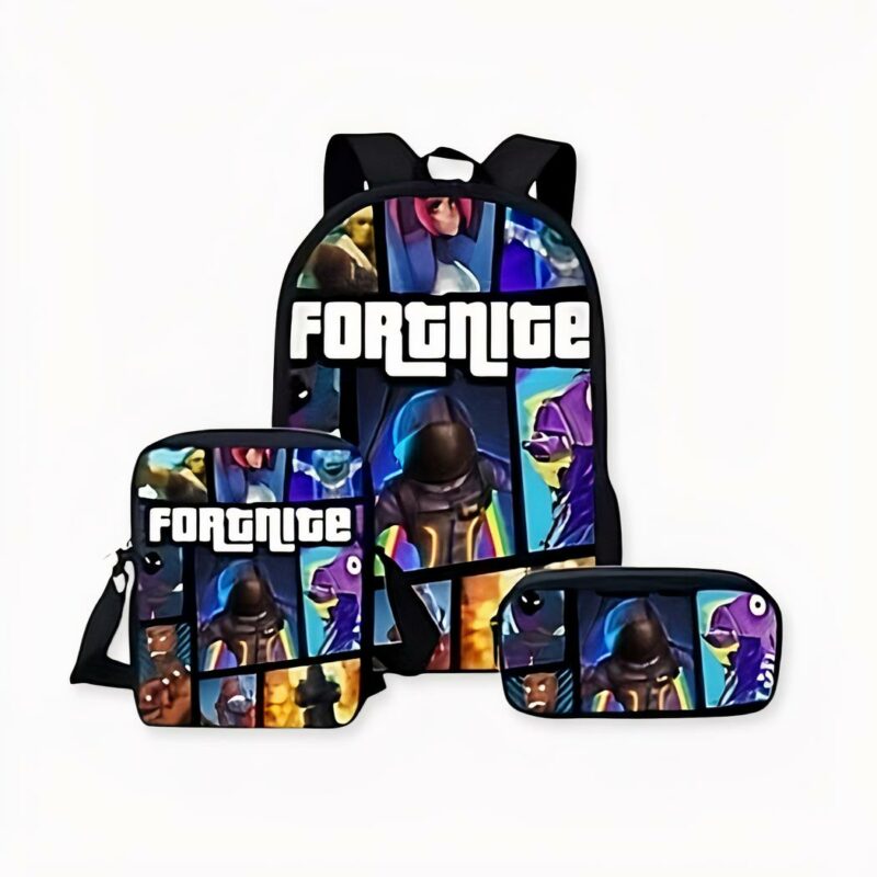 Mochila multicolor Fortnite de 3 piezas. Buena calidad y muy a la moda.