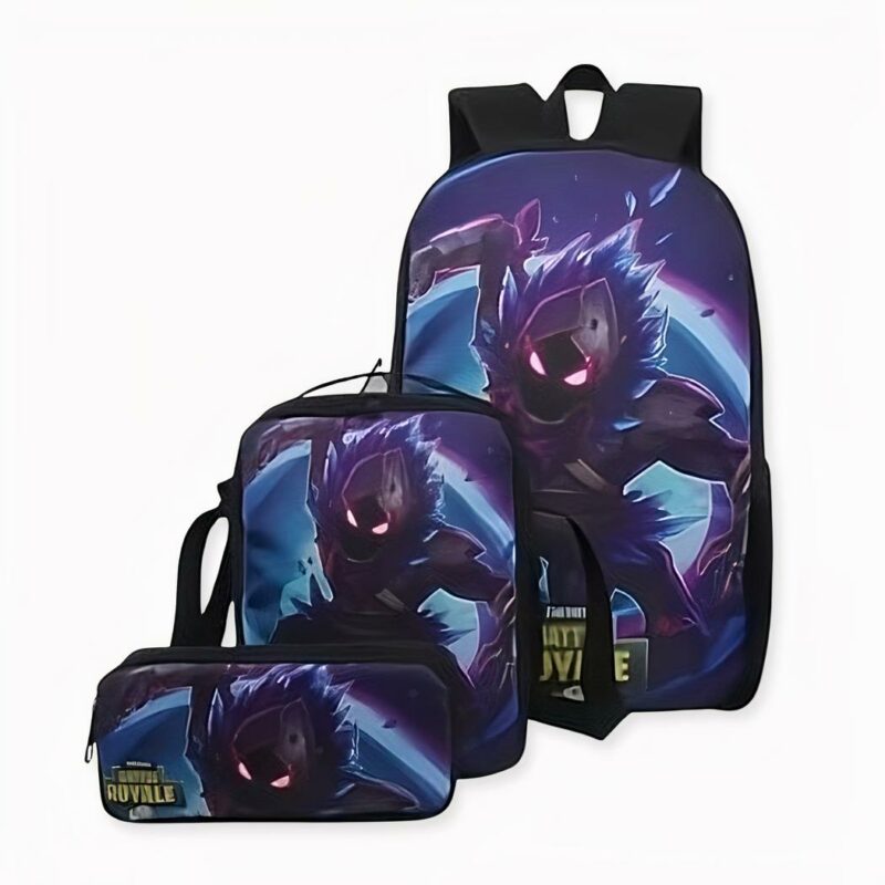 Sac_à_dos_Fortnite_3_pièces_violet_2 Mochila Fortnite morada de 3 piezas con motivo frontal. Buena calidad y muy práctica.