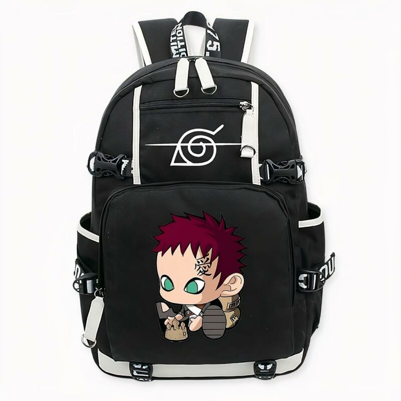 Mochila Gaara de Naruto Uzumaki en negro con motivo frontal, de buena calidad y muy de moda.