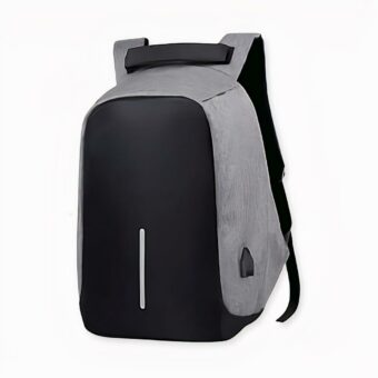 Mochila antirrobo impermeable y reflectante con carga USB en gris y negro