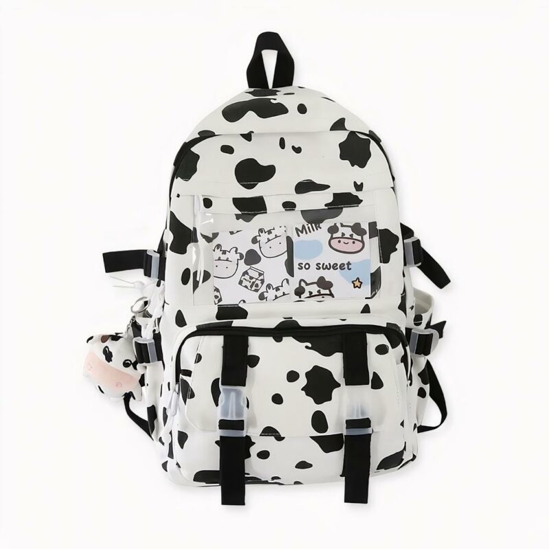 Mochila con estampado de vaca y bonito diseño en la espalda de una niña
