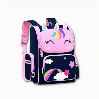 Mochila unicornio azul y rosa con estrellas y arco iris para niñas.