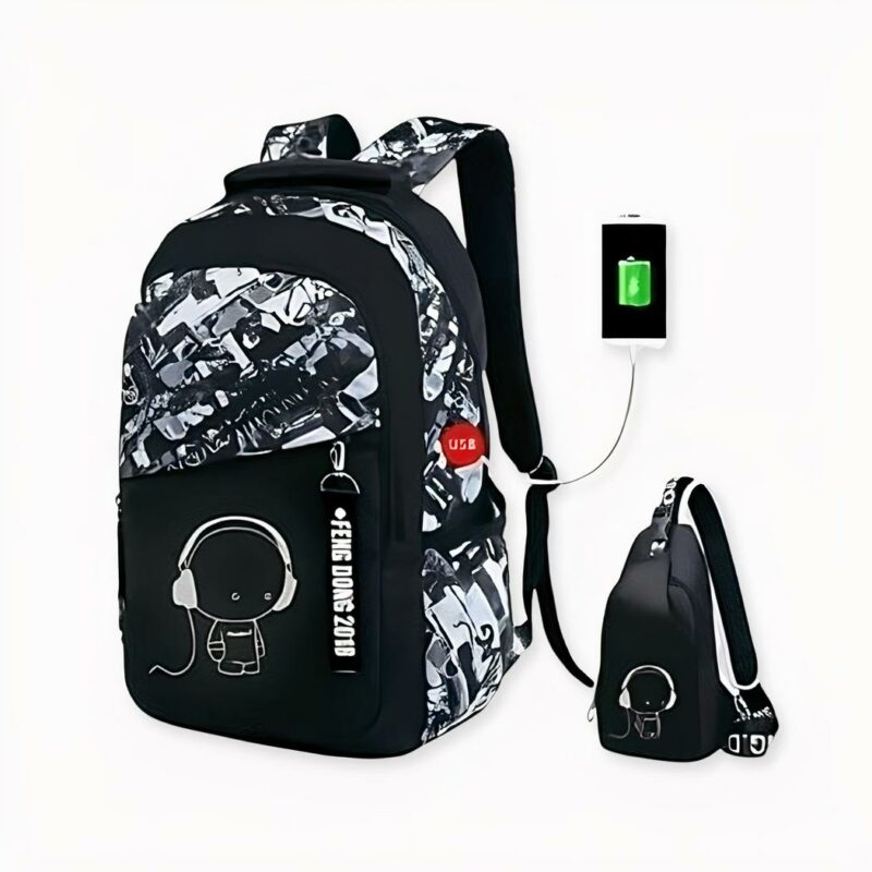 Mochila con estampado de graffiti y puerto USB para chicos en negro.