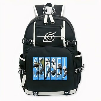 Mochila negra de Kakashi Hatake con motivo de ataque azul. Buena calidad y muy a la moda.
