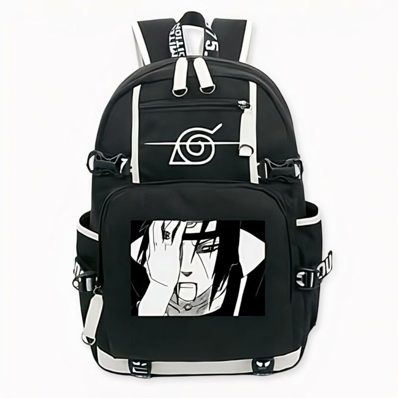 Mochila negra con estampado de Itachi Uchiwa y bolsillos laterales
