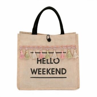 Bolsos de playa de lino para mujer con motivo de moda hello weekend