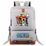 Mochila para niños One Piece Luffy en gris con imágenes de One Piece y fondo blanco