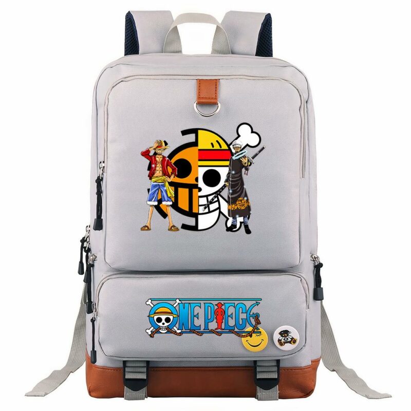 Mochila para niños One Piece Luffy en gris con imágenes de One Piece y fondo blanco
