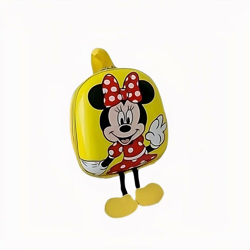 Mochila infantil Disney - Mickey o Minnie en amarillo con un fondo de mesa detallado