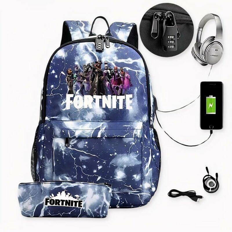 Mochila Fortnite con estuche a juego y cargador USB, de buena calidad y muy a la moda.