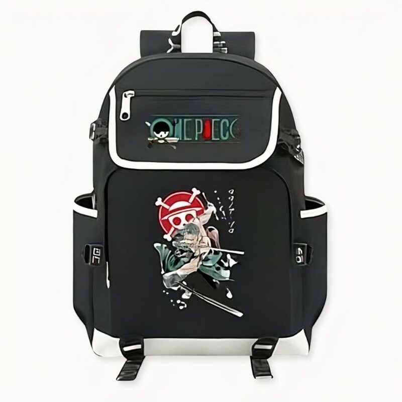 Mochila Roronoa Zoro One Piece en negro con motivos en la parte delantera. Buena calidad y muy a la moda.