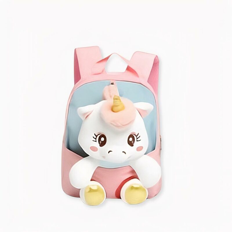 Mochila liliputiense de niña con unicornio, azul y rosa.