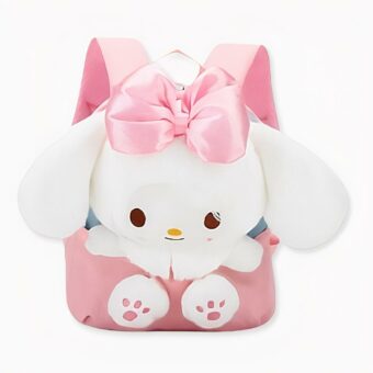 Mochila rosa para niñas con peluche de conejito blanco. Buena calidad y muy a la moda.