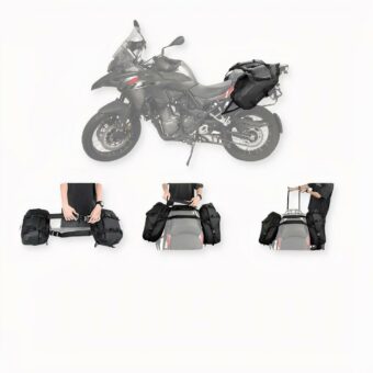 Mochila impermeable universal de 28l montada sobre una moto y con fondo gris claro.