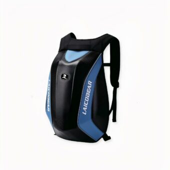 Mochila impermeable expandible para moto en azul sobre fondo gris claro.