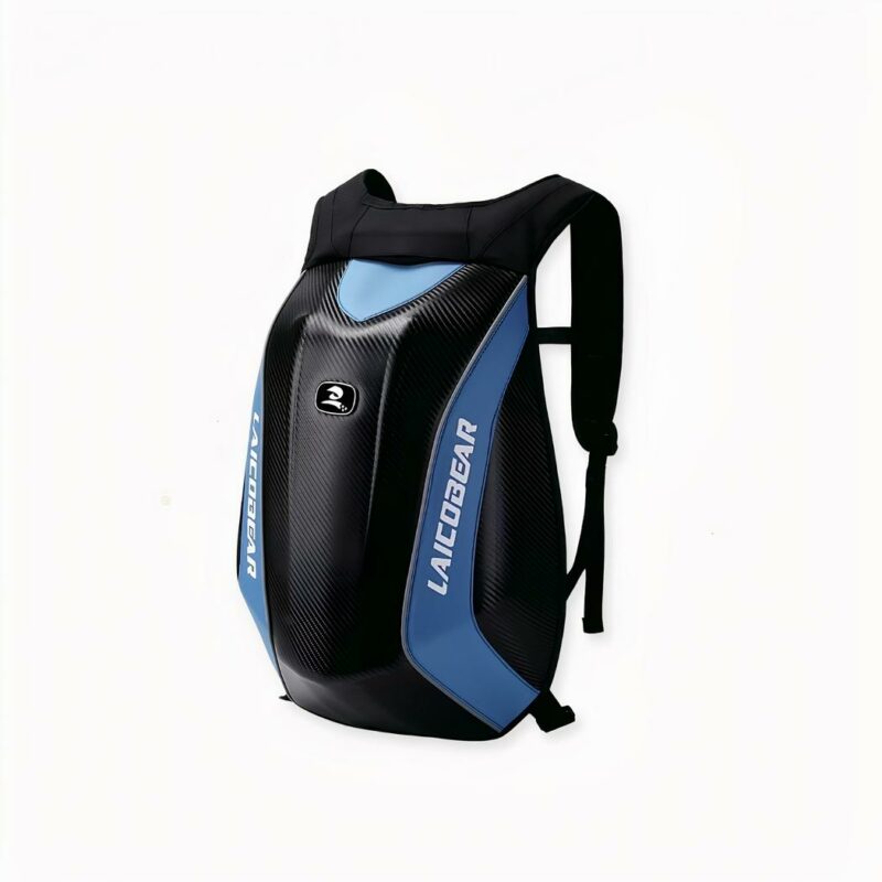 Mochila impermeable expandible para moto en azul sobre fondo gris claro.