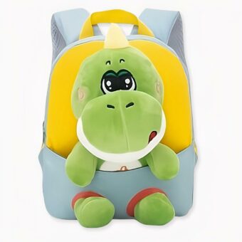 Mochila infantil liliputiense con peluche de dinosaurio gris y amarillo. Buena calidad y muy a la moda.