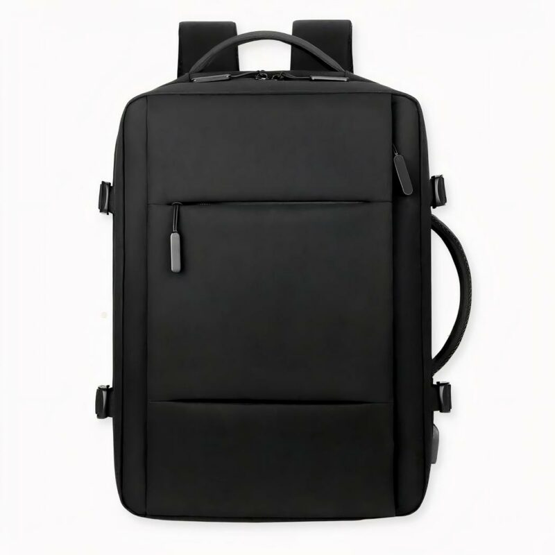 IMG_Black-Oxford_sac-a-dos-extensible-pour-homme-bagage_variants_1F ¡Diga adiós al dolor de espalda y a los hombros tensos! Esta mochila de viaje ergonómica de color negro liso está diseñada pensando en su comodidad. Tiene un innovador diseño ergonómico que distribuye el peso uniformemente por su espalda y caderas, para que pueda llevarla sin dolor. La mochila está fabricada con materiales robustos e impermeables, perfectos para cualquier aventura. Las correas son ajustables, para que pueda adaptarla a sus necesidades. Y si se cansa de llevarla a la espalda, siempre puede utilizar el asa lateral para transportarla como un maletín. Esta mochila es perfecta para cualquiera que desee viajar cómodamente y con las manos libres