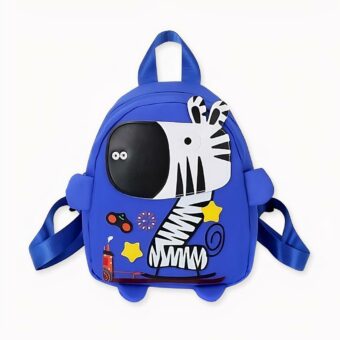 Colorida mochila infantil ilustrada con una cebra azul a la moda.