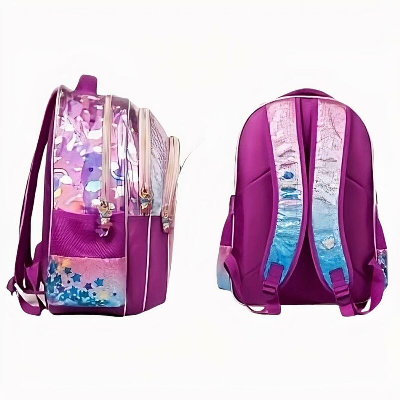 Cartera infantil de unicornio mostrada por detrás y de lado. Es de color rosa con lentejuelas y toques azules.