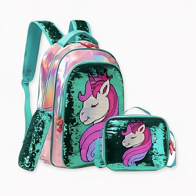 Mochila y accesorios de unicornio de purpurina para una niña verde con detalles rosas.
