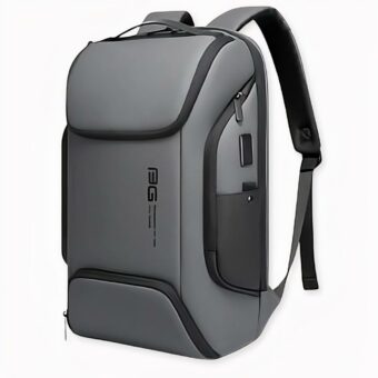 Mochila de lujo para portátil en gris y negro con fondo blanco