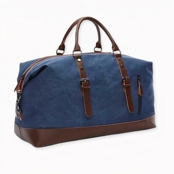 Bolso de hombre en lona azul y marrón con fondo blanco