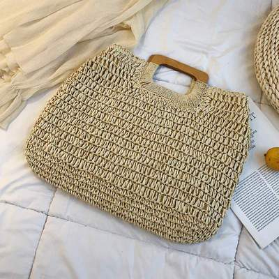 Bolsa de playa cuadrada con malla grande y asas de madera, de buena calidad y a la moda