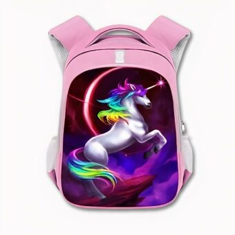 Mochila infantil rosa de primer grado con un dibujo de unicornio multicolor en el bolsillo delantero. Buena calidad y muy a la moda.