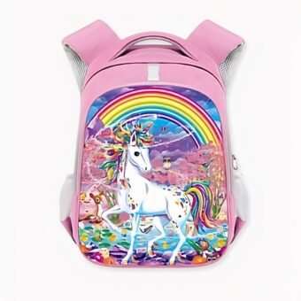 Mochila infantil rosa de primer grado con dibujo de unicornio multicolor y gran arco iris en el bolsillo delantero. Buena calidad y muy a la moda.
