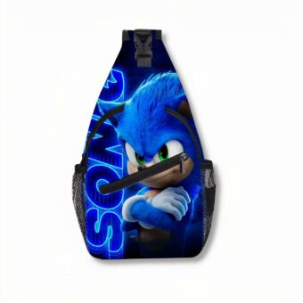 Mochila azul con el personaje Sonic, correa para el hombro y cierre de cremallera en la parte delantera de la bolsa, sobre fondo gris claro
