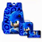 Mochila azul con Sonic, compuesta de 3 partes: 1 mochila, 1 bolsa de almuerzo y un estuche para lápices