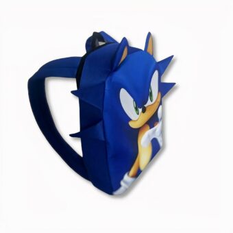 Pequeña mochila azul para niños con Sonic sobre fondo gris claro
