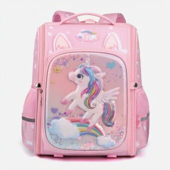 Foto de una mochila rosa con un diseño de unicornio. Es blanca con crin y cola de los colores del arco iris. Galopa sobre un arco iris y está rodeada de corazones y estrellas, así como de purpurina. Todo en relieve. También hay dos orejas de unicornio encima de la mochila y dos pequeños bolsillos de almacenamiento en los laterales.