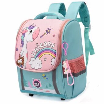 Mochila temática de unicornio en azul pastel y rosa. La solapa rosa presenta un unicornio que sostiene un osito de peluche marrón en su pata derecha. Hay un arco iris con la palabra unicornio escrita encima, una varita mágica y estrellas. A la derecha hay un pequeño charm con un motivo de unicornio blanco y rosa. Sus orejas y cola son un arco iris azul, rosa y amarillo. El fondo es blanco.