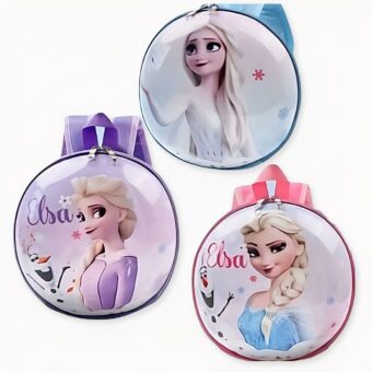 3 pequeñas mochilas redondas de reina de las nieves para niños: una morada, una rosa y una azul