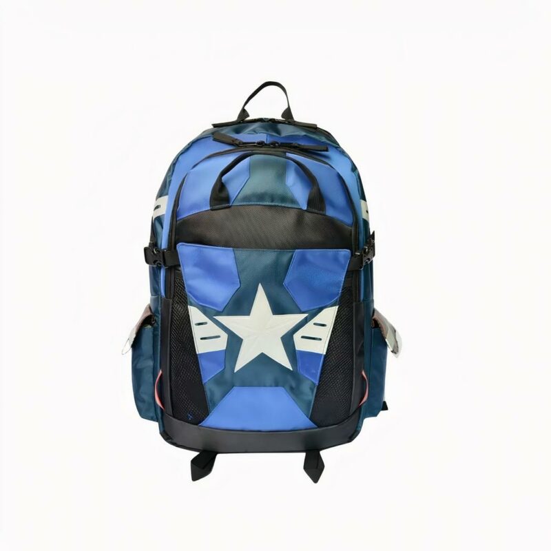 Mochila escolar azul con el Capitán América de Marvel y una gran estrella blanca en la parte delantera.