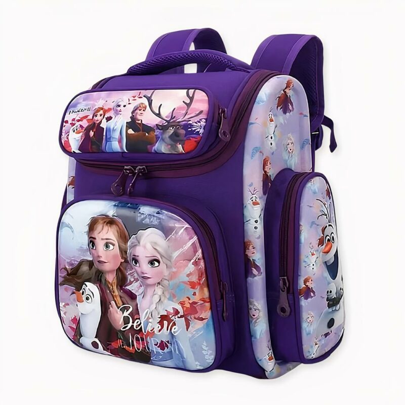 Mochila escolar morada con motivos de Elsa y Anna, personajes de la Reina de las Nieves.