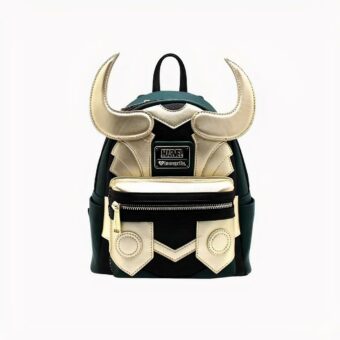 Mochila de niña con el diseño de Loki, el personaje de Marvel, en negro y dorado con cuernos en la parte delantera.
